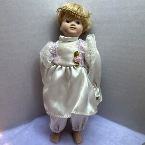 Angel Porcelain Doll in White‎ Outfit with Lt. Blonde Hair Gold Lace Halo 8 in.